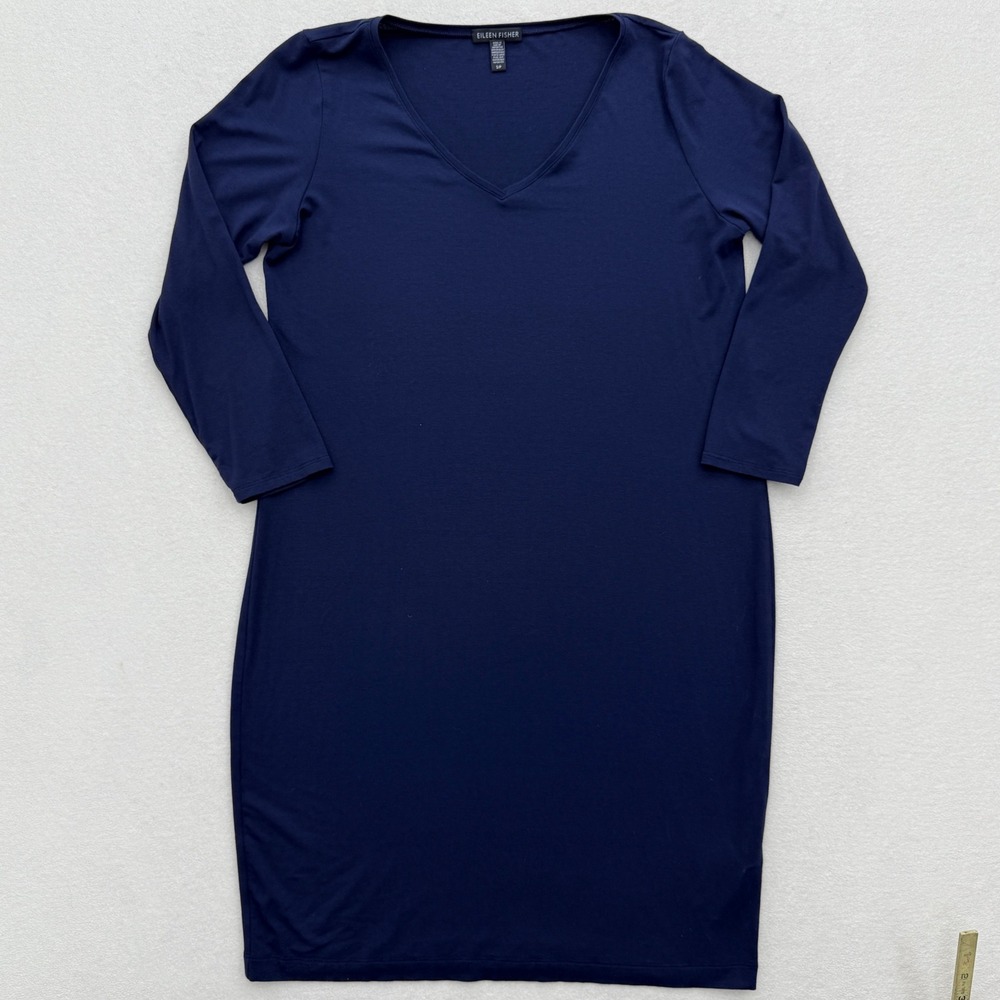 Eileen Fisher Womens S Small Navy Blue V Neck‎ Long Sleeve Knit Dress Comfort